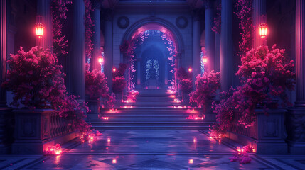A majestic, illuminated hallway with grand arches, columns, and stairs, adorned with vibrant pink and purple flowers and glowing lanterns, creating a magical atmosphere.