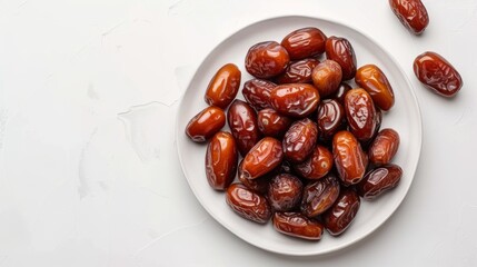 Fototapeta premium Platter with dates, top view on a white background