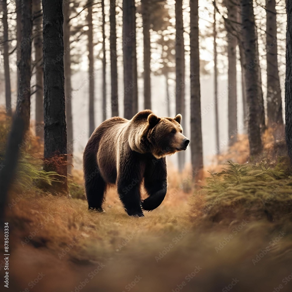 Sticker A majestic brown bear walking through a tranquil forest with tall trees and soft lighting