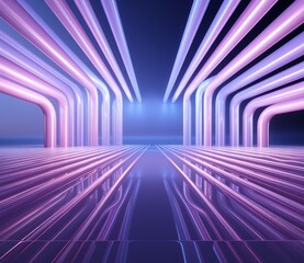 Fototapeta premium A futuristic tunnel with vibrant neon lights and glowing purple pipes against a dark blue background.