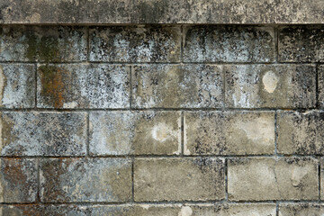 A wall with a lot of dirt and grime on it. The wall is made of bricks and has a grey color