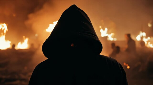 Hooded figure in a crowd during a nighttime riot with flames in the background