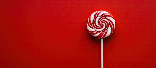 Red and white lollipop on a white stem against a red backdrop. Top angle view with ample copy space image.