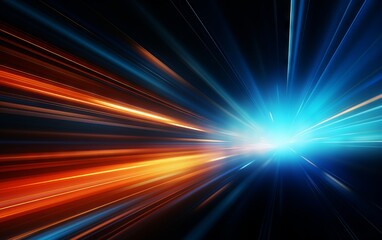 A vibrant burst of neon red, blue, and purple light streaks out of a dark tunnel