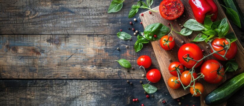 Fresh vegetables are arrayed neatly next to the cutting board, creating a vibrant composition ready for a photograph with copy space image.