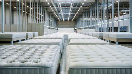 Rows of new mattresses displayed in a large, bright industrial warehouse with modern lighting