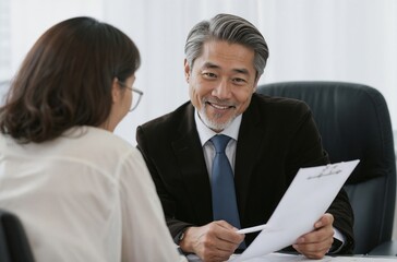 Fototapeta premium Happy Asian attorney meeting client in office. Asia attorney, consulting and financial advisor giving finance paper, tax and compliance advice to a client