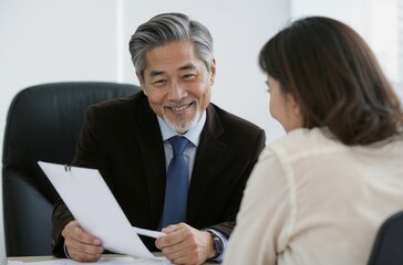 Fototapeta premium Asian male lawyer working with client at table, closeup