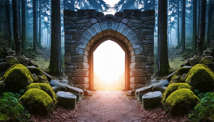 Obraz premium Mysterious glowing portal surrounded by stones, forest path. Ancient architecture. Old magic arch.