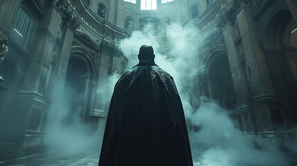 Naklejka premium A mysterious figure in a dark cloak stands in a grand, fog-filled cathedral with high ceilings and intricate architecture.