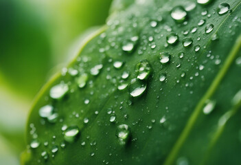 close-up of water droplets on a green leaf, ad shot, copy space for text
