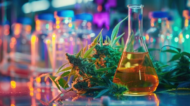 Colorful lab setting with cannabis plant and oil in flask, illuminating the science behind medical marijuana and CBD extraction.