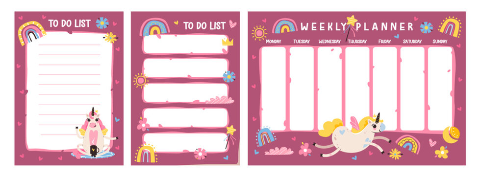 Weekly planner featuring unicorns and rainbows for to-do list. Organize tasks with this vibrant, magical planner. Kids task schedule