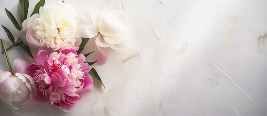 Peonies, paper, and light on a white table with copy space image. Perfect for wedding invites or congratulatory messages.