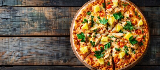 Fresh homemade Italian pizza with chicken, pineapple, cheese, tomato, and parsley displayed from above on a dark wooden backdrop with copy space image for design, ideal for food menus or recipes.