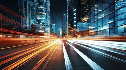 Fototapeta premium Light trails on the modern building background. Light trails at night in urban environment, Abstract Motion Blur City, traffic, transportation, street, road, speed