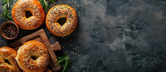 Homemade bagels with assorted toppings on a cutting board against a dark concrete backdrop with room for text or images. image with copy space