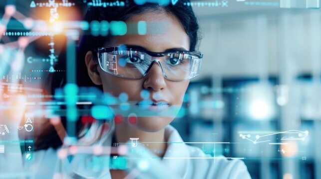 Female scientist in laboratory wearing protective glasses, analyzing data on futuristic digital screen, representing innovation and technology.