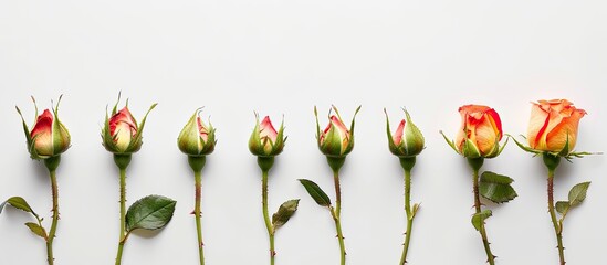Rose buds blossoming gradually from small to large, arranged in a row on a white background, symbolizing development and growth with a copy space image included.