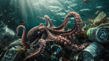 Fototapeta premium Giant pacific octopus is swimming through a polluted ocean garbage patch filled with plastic, metal, and other debris. Light rays are shining down on the scene