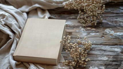 Book and dried flowers on table Scandinavian style photography with reading theme Blank book cover for text High quality image