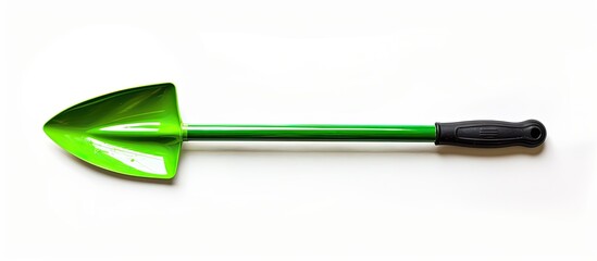 Fototapeta premium On a clear white backdrop, there is a green garden shovel with an area available for additional text or images, known as a copy space image.