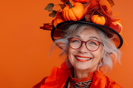 Festive mature woman with autumn hat adorned with pumpkins