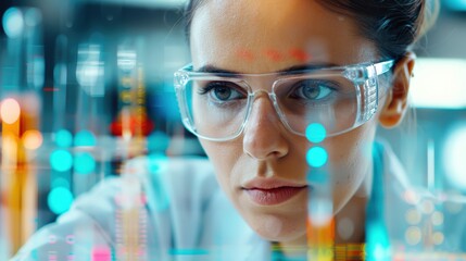 Focused scientist analyzing data on transparent screen. Concept of technology, innovation, and scientific research.