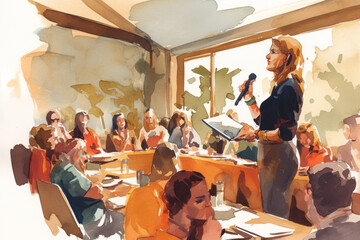 Watercolor Illustration of a Business Meeting with Presenter Speaking to Colleagues