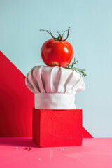 Creative minimal concept featuring a chef's hat topped with a ripe red tomato
