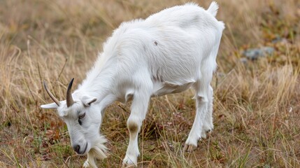 Obraz premium White farm goat grazing