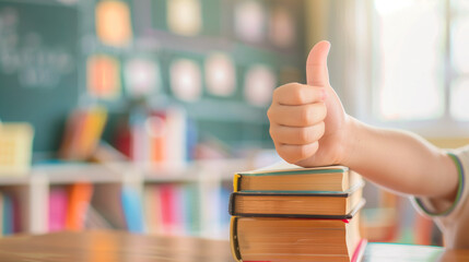 A child's hand with a thumbs up in the classroom. Gesture of approval and happiness for going back to school. Blurred background of a classroom with desks and school accessories. Concept of education