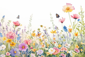 Vibrant Watercolor Wildflowers and Butterflies in a Serene Meadow