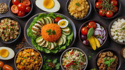Selection of healthy food on rustic wooden background 