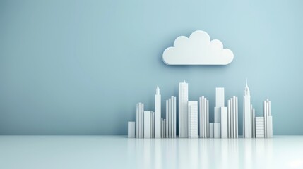 Minimalist cityscape with a cloud, abstract white buildings against light blue background, clean and modern design, representing technology and future.
