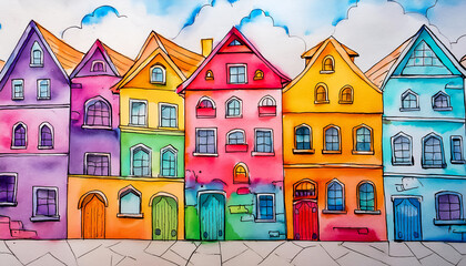 Fototapeta premium Small town with cheerful houses, watercolor painting
