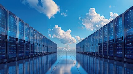 A modern data center with rows of network servers under a bright blue sky with clouds, reflecting advanced technology and digital infrastructure.