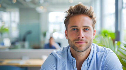 Obraz premium A young man with blue eyes looks directly at the camera while seated in an office
