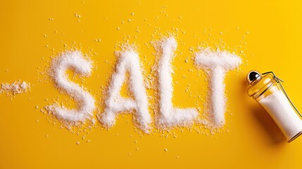 Salt text written with granules on a yellow background alongside a shaker, perfect for culinary and...
