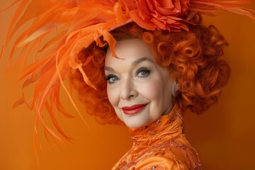 Glamorous senior with red feathered hat and curly hair poses