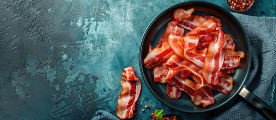 Top-down view of tasty bacon slices cooking in a pan on a light blue table, with ample copy space image for text.