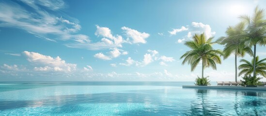 Resort setting with luxurious swimming pool and palm trees, ideal for a summer vacation backdrop with copy space image.