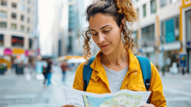 Young woman in a yellow jacket exploring a city while holding a map, looking for directions. Urban exploration and travel concept.