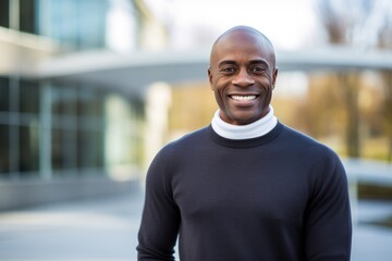 Obraz premium Portrait of a grinning man in his 40s wearing a classic turtleneck sweater over modern university campus background