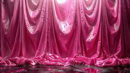   A pink curtain adorned with droplets of water and mirrored sunlight on the floor below