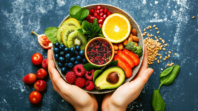 Hands holding a bowl of assorted fresh fruits and vegetables, rich in antioxidants and vitamins