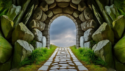 Obraz premium Mysterious portal, path through gray rocky stones. Ancient architecture. Natural scenery. Old arch.