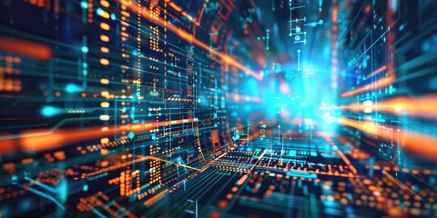 Abstract technology concept with interconnected digital elements.