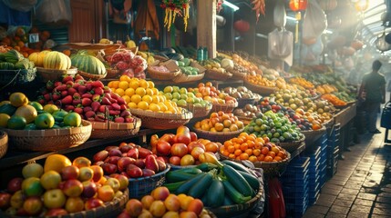 market with a colorful variety of fresh fruits and vegetables under