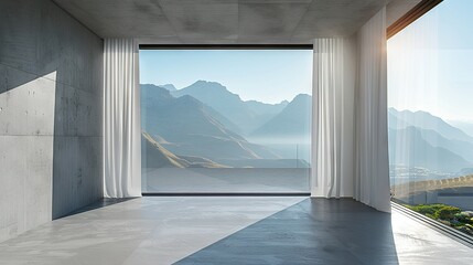   An empty room boasts a stunning view of a mountain range and a distant bridge through a spacious window on its right side